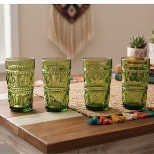 Indiana Glass Colony Park Lane Avocado Green Tumblers, Set of 4, Vintage Glasses